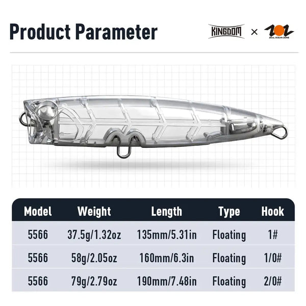 Floating popper fishing lure, silver clear body with molded ribs and front lip, treble hook