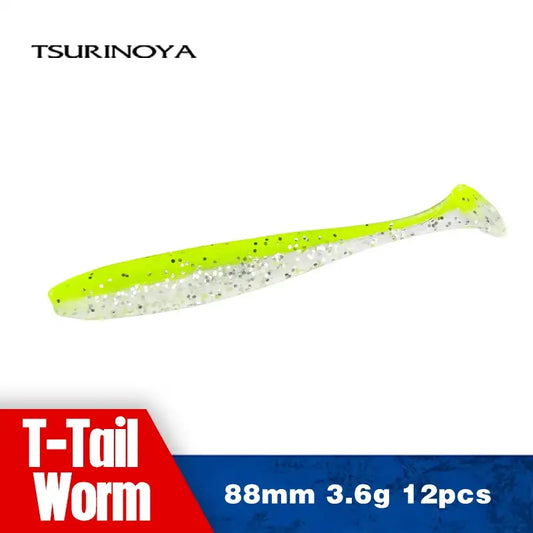 Neon green soft plastic shad lure with speckled body and tapered T-tail.