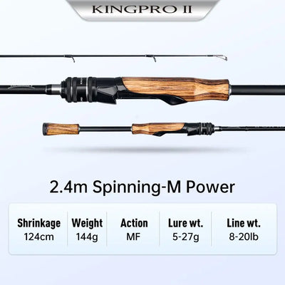 2.4m spinning fishing rod with wooden grip and black reel seat, specs shown