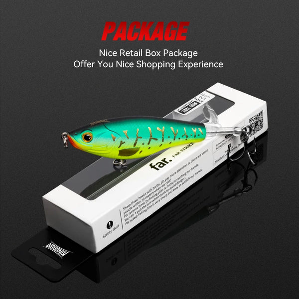 Hard-plopper topwater lure in retail box packaging with rotating tail propeller and hooks