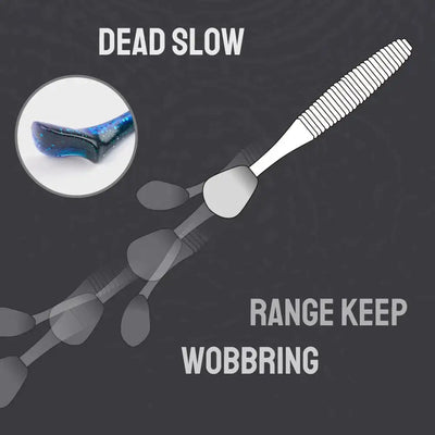 Blue-and-white silicone swimbait with ribbed texture and pointed tail fin.