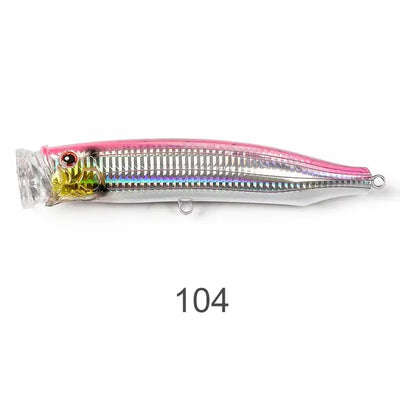 Topwater wobbler fishing lure, pink top with silver sides and red eye