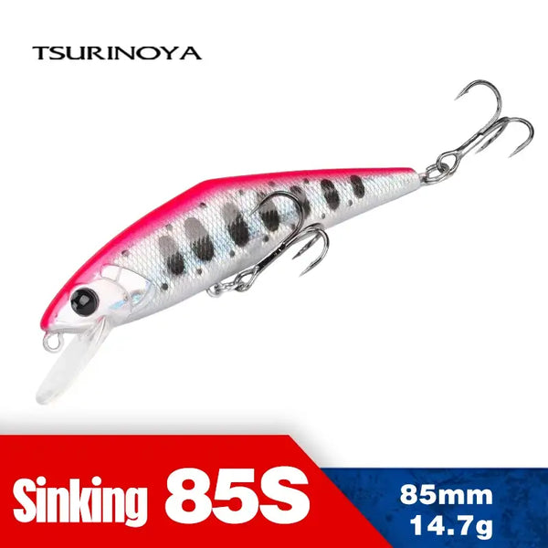 Red-and-white sinking minnow fishing lure with black spots and two treble hooks
