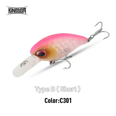 Floating crankbait minnow lure, Type B (short), pink body with gold details and 2 treble hooks