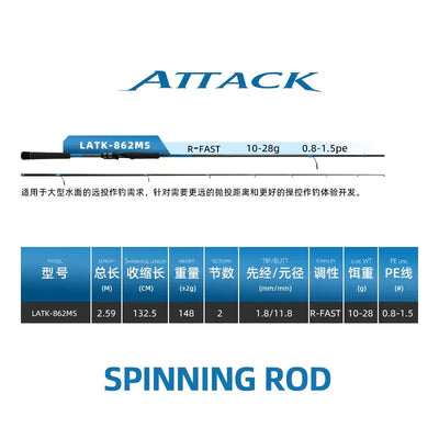 Spinning rod model LATK-862MS, R-FAST action, blue/black two-section graphic