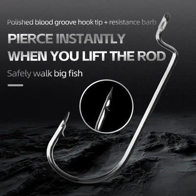 Polished offset worm hook with barbed tip, high-carbon steel wire