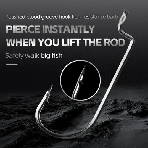 Polished offset worm hook with barbed tip, high-carbon steel wire