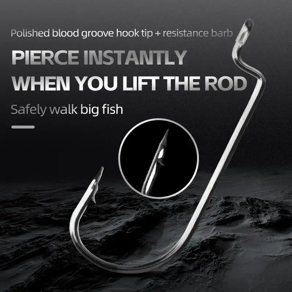 Polished offset worm hook with barbed tip, high-carbon steel wire