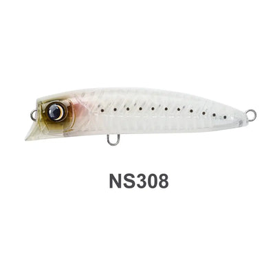 NS308 topwater popper lure, translucent white body with gold-tinted eye