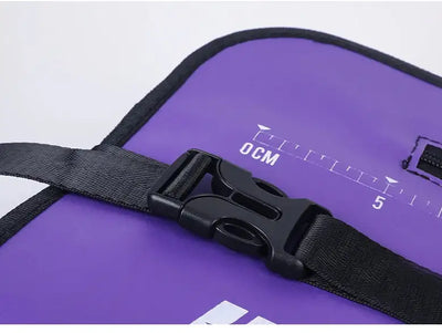 Purple floating fish keep net close-up of top strap and handle attachment