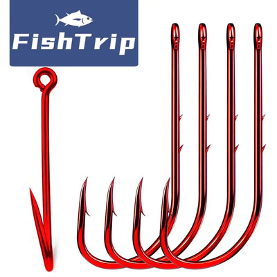 Set of red long-shank bait holder fishing hooks with barbed tips