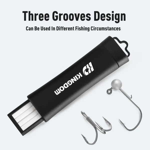 Black telescopic hook grinder with sharpening insert and included fish hook examples
