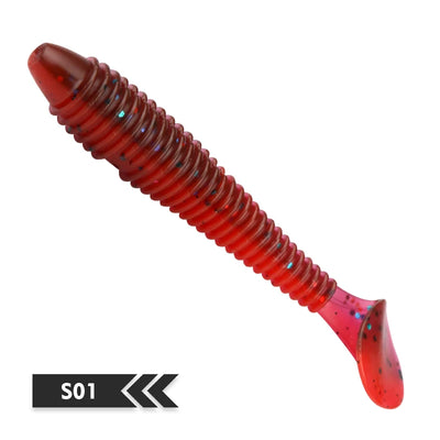 Red ribbed silicone paddle tail fishing lure with speckled body and tapered tail
