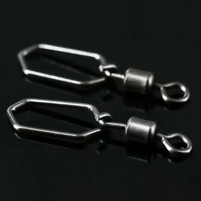 Set of rolling swivel connectors with hanging snap hooks, dark silver metal