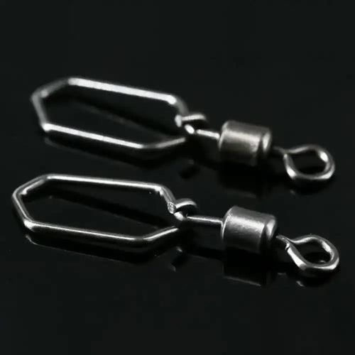 Set of rolling swivel connectors with hanging snap hooks, dark silver metal