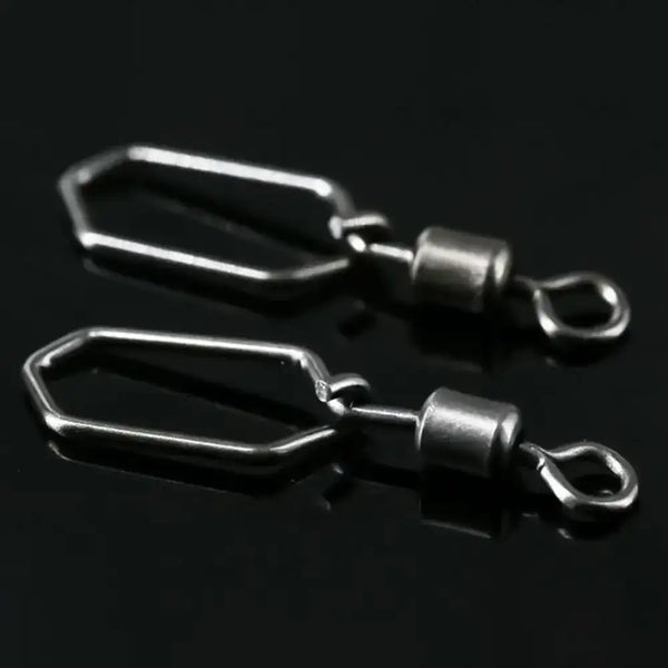 Set of rolling swivel connectors with hanging snap hooks, dark silver metal