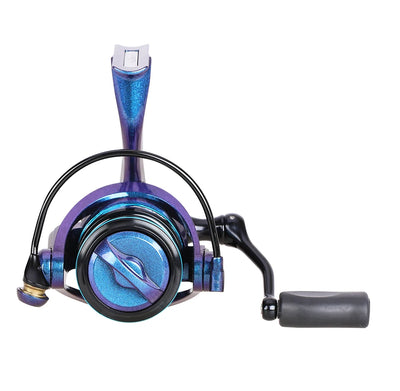 Spinning fishing reel top view with blue spool and black handle grips