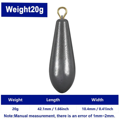 FishTrip willow leaf lead sinker, 20g, teardrop shape with brass eyelet