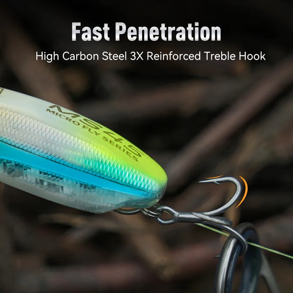 Blue-green micro minnow lure close-up with front treble hook