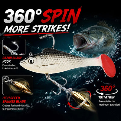 White fishing lure with red tail, two gold spinner blades, and treble hook