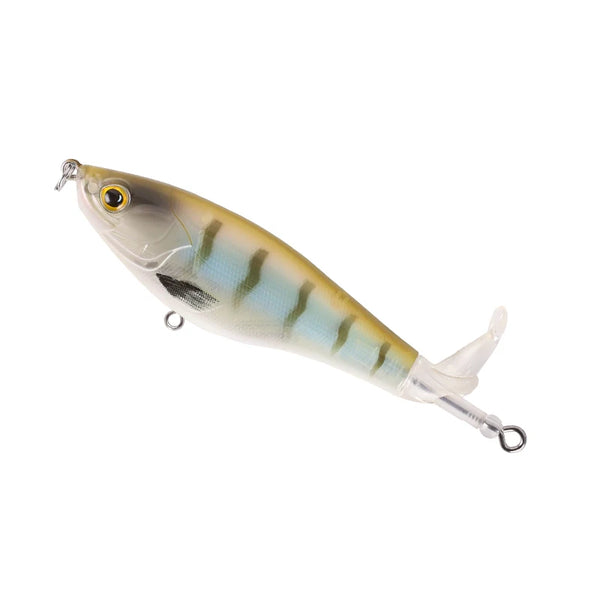 Floating topwater fishing lure, gold and blue, rotating tail, treble hooks