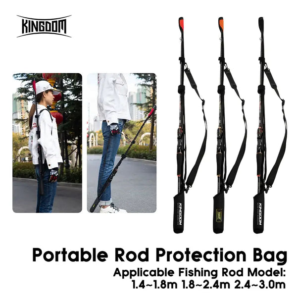 Portable fishing rod protection bag with adjustable shoulder straps; black sleeve cover