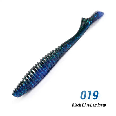 Blue and black glitter soft silicone swimbait lure, ribbed body and curved tail.