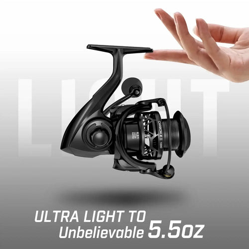 Black spinning reel with spare-spool style body, handle extended, side view