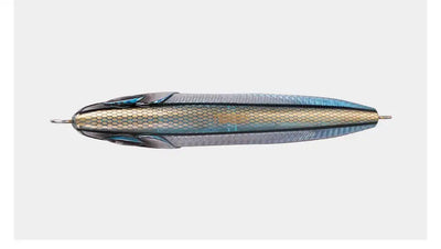 Blue-green silver pencil casting lure side view with textured scale pattern and wire hook hardware