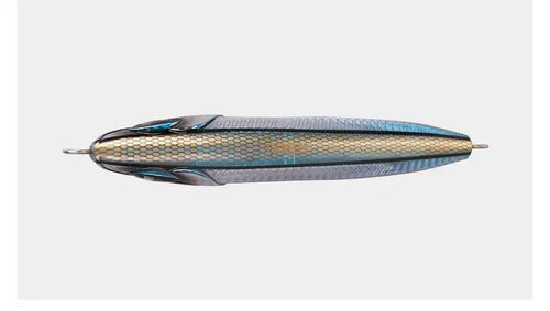 Blue-green silver pencil casting lure side view with textured scale pattern and wire hook hardware