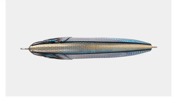 Blue-green silver pencil casting lure side view with textured scale pattern and wire hook hardware