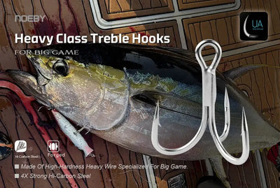 Heavy class treble fishing hooks, silver forged steel, three barbed hooks