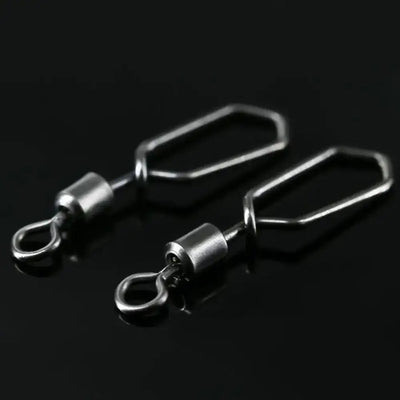Pair of rolling swivel snap connectors with metal barrel and open ring, dark silver