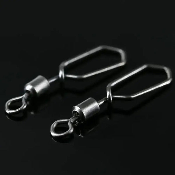 Pair of rolling swivel snap connectors with metal barrel and open ring, dark silver