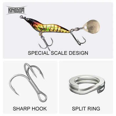Gold and black metal spinner shrimp lure with round spoon blade and two treble hooks