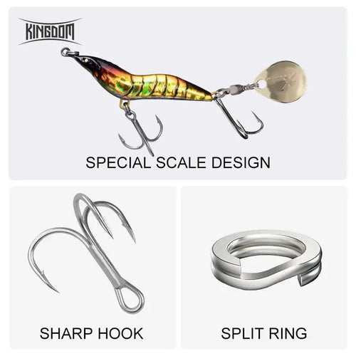 Gold and black metal spinner shrimp lure with round spoon blade and two treble hooks