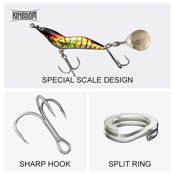 Gold and black metal spinner shrimp lure with round spoon blade and two treble hooks