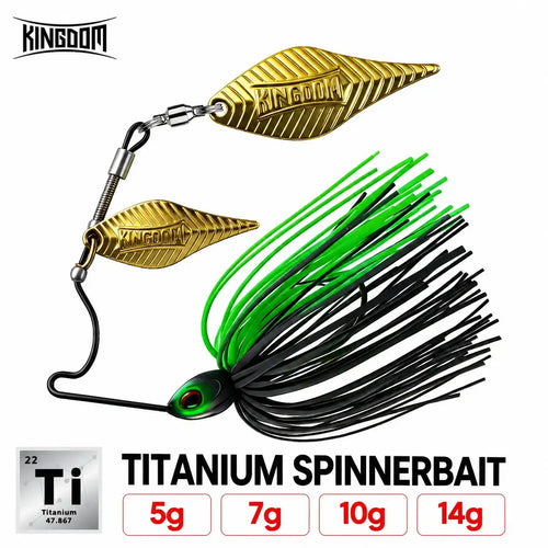 Skirted double-willow spinnerbait lure with green-and-black strands and gold metal blades