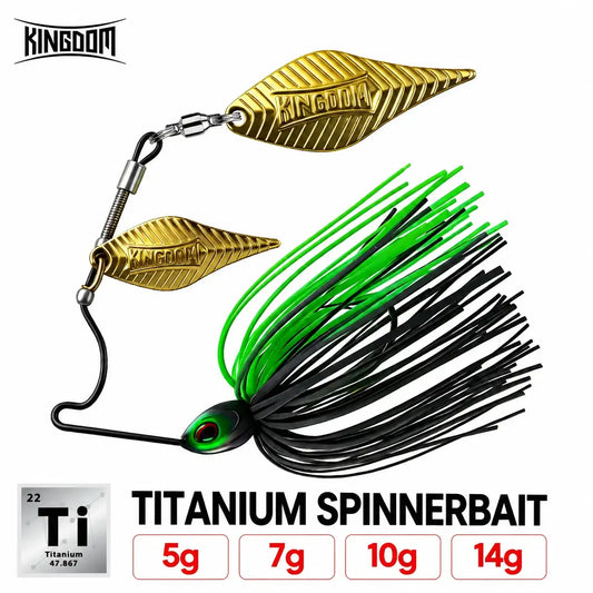 Skirted double-willow spinnerbait lure with green-and-black strands and gold metal blades