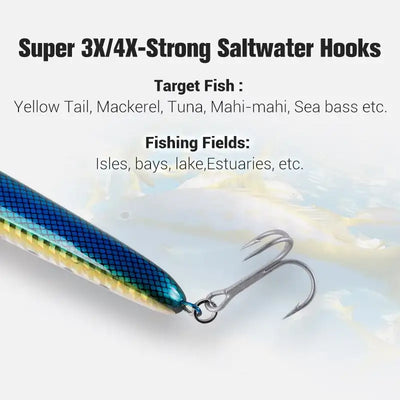 NOEBY saltwater stickbait with large treble hooks and metallic blue body
