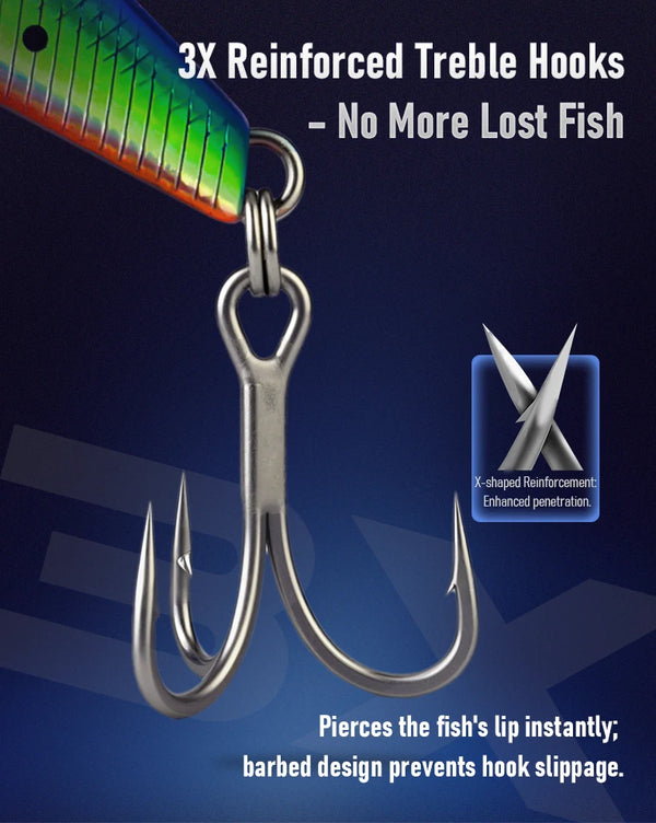 Triple treble hook set on sinking fishing lure, reinforced steel hooks