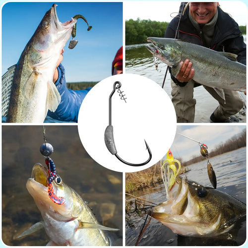 Weighted worm hook in use catching fish, hook and line close-up