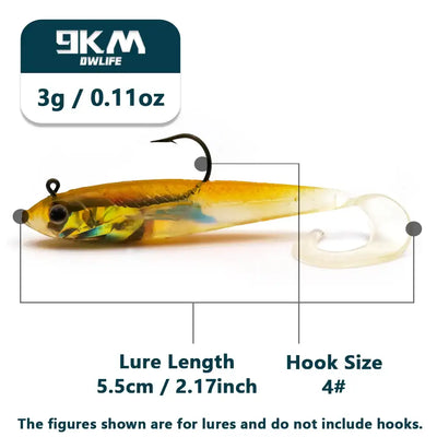 Pre-rigged paddle tail swimbait with yellow-gold body and clear paddle, 5.5cm length
