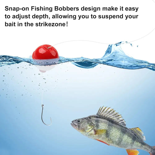 Red and white round fishing bobber floating on water with line and hook