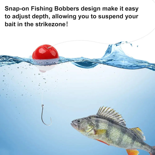 Red and white round fishing bobber floating on water with line and hook