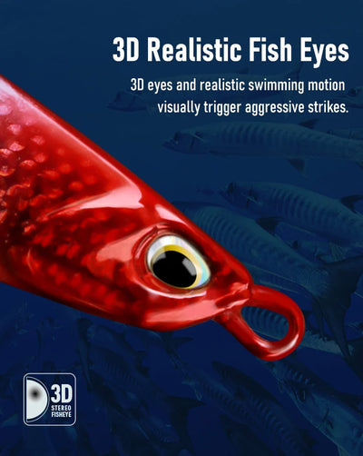 Red fish-shaped casting jig lure with 3D eye detail and treble hook