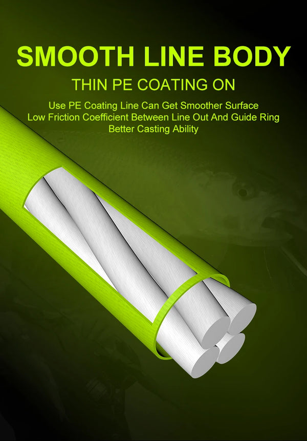 White thin PE-coated fishing line body, smooth low-friction for casting