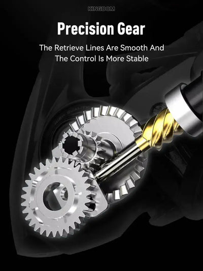 Spinning reel precision gear close-up with metal cog details and gold connecting piece