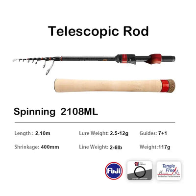 Telescopic spinning fishing rod with cork handle and red reel seat