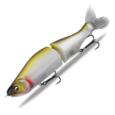 Single jointed minnow fishing lure in white with yellow head and black back, treble hooks